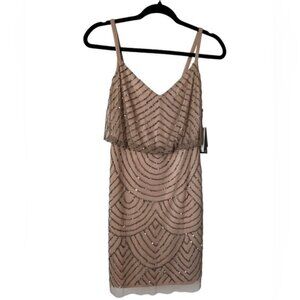 Adrianna Papell Women's Blouson Beaded Cocktail Dress - Taupe/Pink. Size: 0 (US)